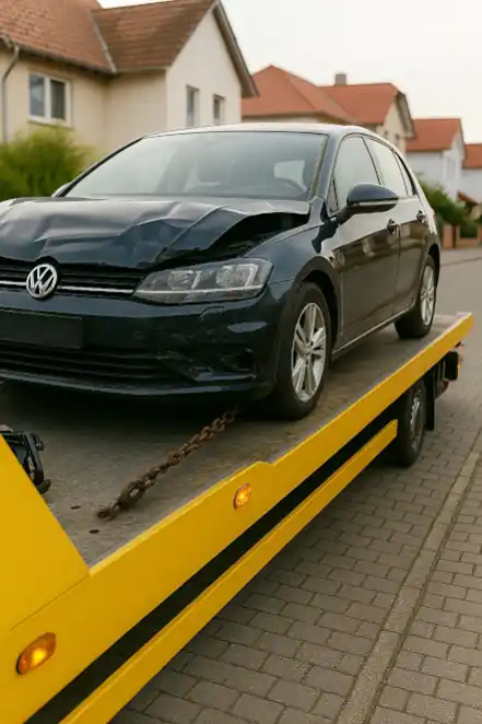 Ein defektes Auto wird in Krefeld zum Autoankauf abgeschleppt.